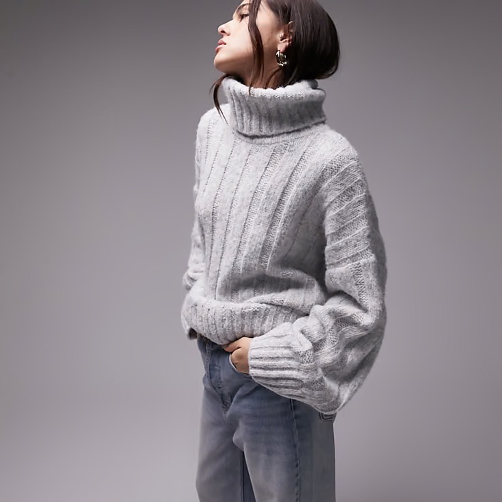 Topshop knitted roll neck wide rib sweater in gray M